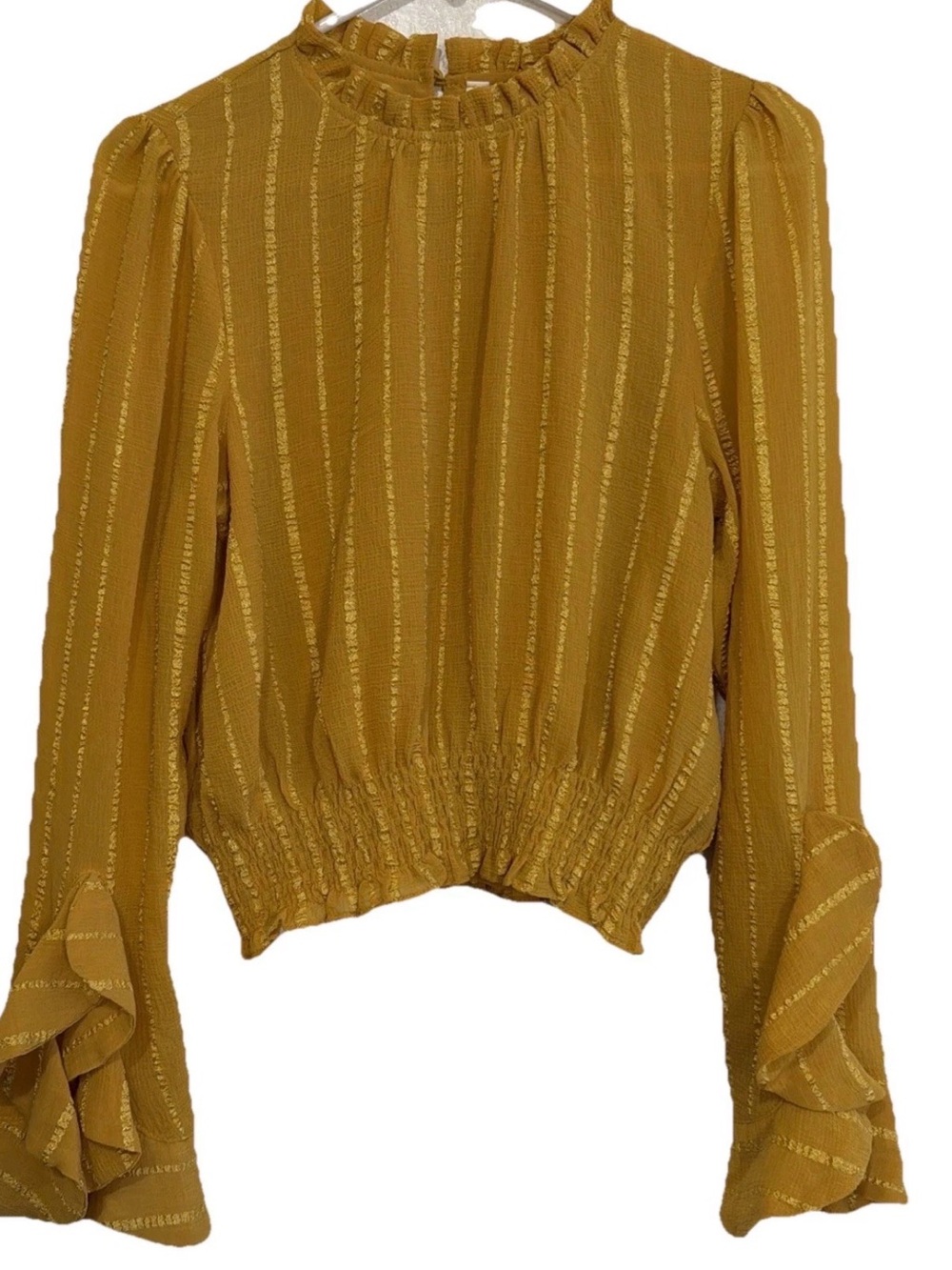 GLAM Women's Mustard Gold-blouse mock neck chiffon style smocked waist